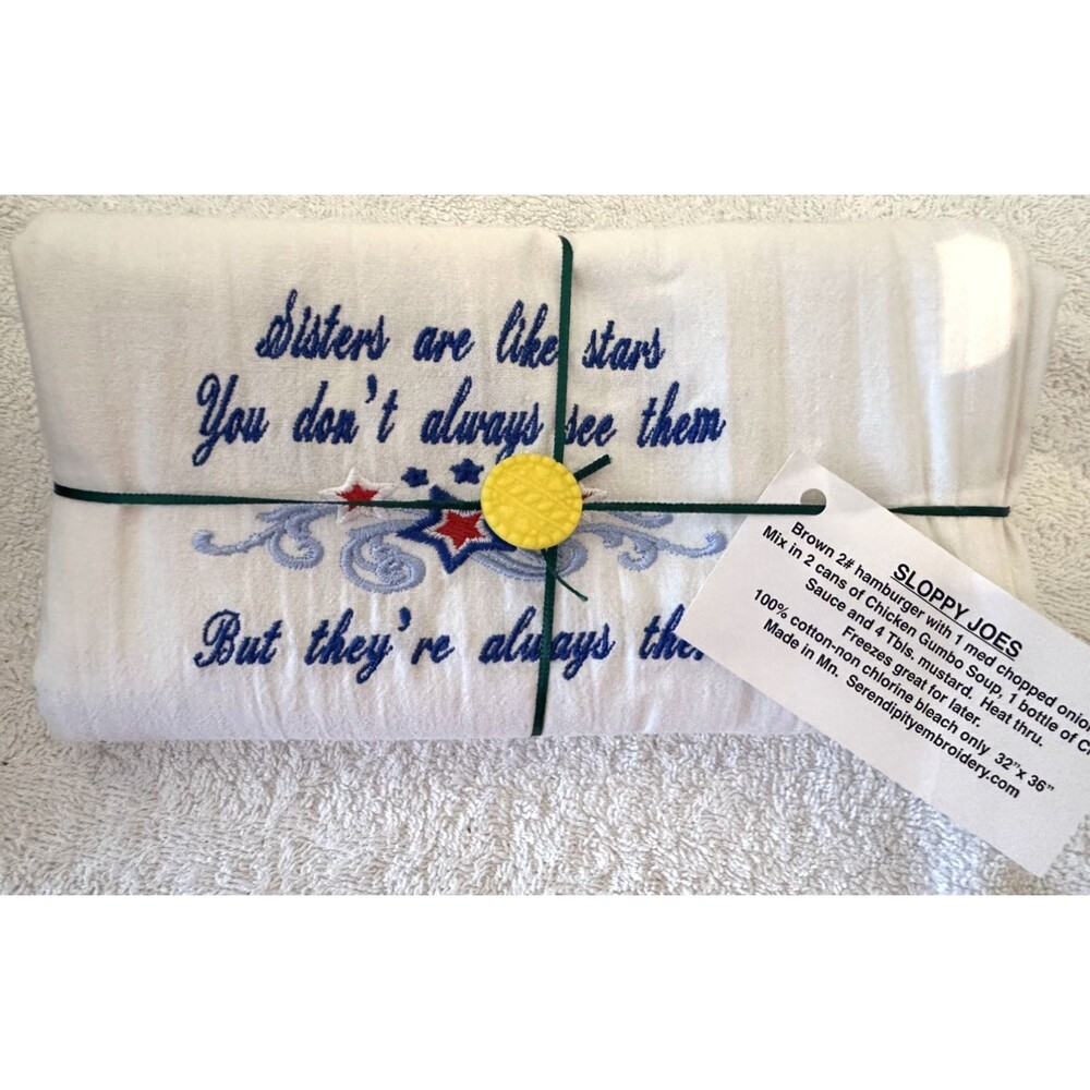 Kitchen Dish Towel -Sisters - 100% White Cotton w/Blue Stitching 38" x 34.5" New